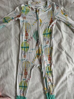 Posh Peanut White Hot Air Balloon Print Zip-Up Footie with Yellow & Teal Accents